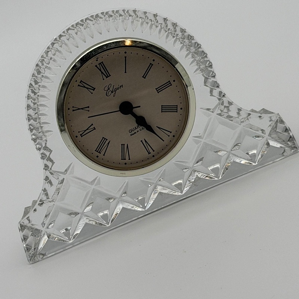 Elgin Quartz Mantle Clock Lead Crystal Arched Diamond Cut Roman Numerals USA